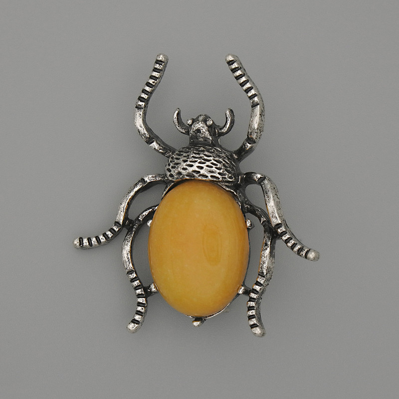 Beetle brooch-pendant with amber imitation, 44x37 mm, silvery metal