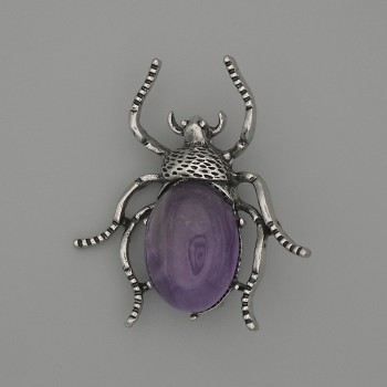 Beetle Amethyst Brooch-Pendant, 44×37 mm, silver-toned metal