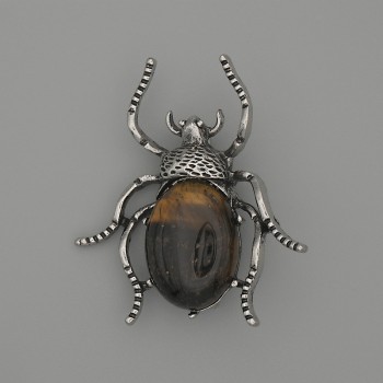 Beetle Brooch-Pendant with Tiger's Eye 44×37 mm, silver-toned metal