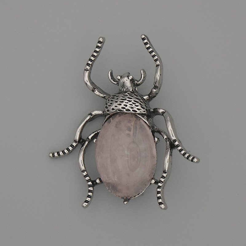 Beetle Brooch-Pendant with Pink Quartz 44x37mm ± Silver-Toned Metal