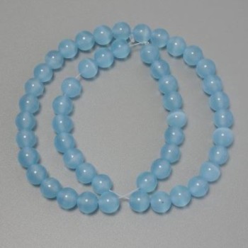 Cat's Eye Blue Beads, Synthetic Stone, Smooth Round Beads, 8 mm Diameter, on Thread, Length 37 cm