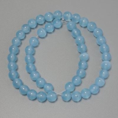 Cat's Eye Blue Beads, Synthetic Stone, Smooth Round Beads, 8 mm Diameter, on Thread, Length 37 cm
