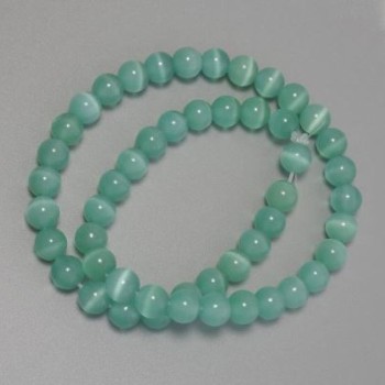 Mint Cat's Eye Beads, Smooth Ball, Synthetic Stone, 8 mm Diameter, on a Thread, Length 37 cm+
