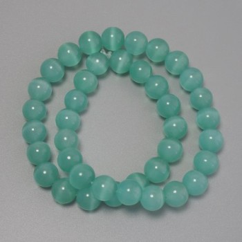 Cat's Eye Mint Green Beads, Synthetic Stone, Smooth Bead, 9.5 mm Diameter, On Thread, 37 cm Length