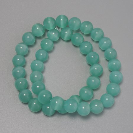 Cat's Eye Mint Green Beads, Synthetic Stone, Smooth Bead, 9.5 mm Diameter, On Thread, 37 cm Length