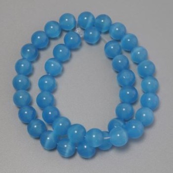 Blue Cat's Eye Beads, smooth round beads of synthetic stone, diameter 9.5 mm ± on a thread, length 37 cm ±