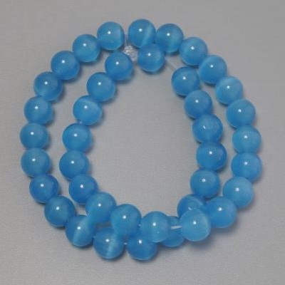 Blue Cat's Eye Beads, smooth round beads of synthetic stone, diameter 9.5 mm ± on a thread, length 37 cm ±