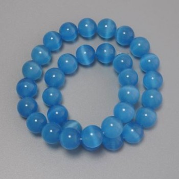 Blue Cat's Eye Beads, Synthetic Stone, Smooth Round Beads, 11.5 mm Diameter, on Beading Thread, Length 37 cm
