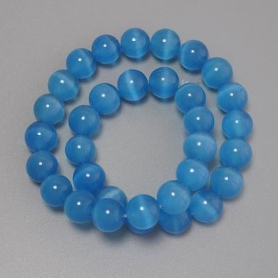Blue Cat's Eye Beads, Synthetic Stone, Smooth Round Beads, 11.5 mm Diameter, on Beading Thread, Length 37 cm