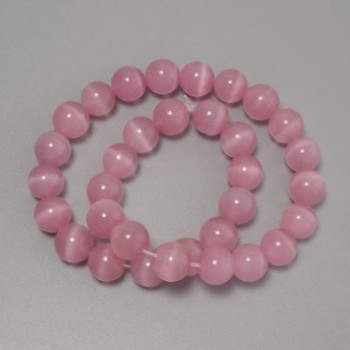 Pink Cat's Eye Beads, Synthetic Stone, Smooth Round Beads, 12 mm Diameter, On Beading Thread, About 37 cm Long