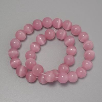 Pink Cat's Eye Beads, Synthetic Stone, Smooth Round Beads, 12 mm Diameter, On Beading Thread, About 37 cm Long