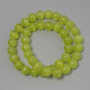Cat's Eye Olive Green Beads, Synthetic Stone, Smooth Round Bead, 10mm Diameter, On Thread, 36cm Length