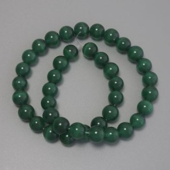 Cat's Eye Beads Dark Green Synthetic Stone, Smooth Round Beads, 10mm Diameter ± on Beading Thread, Length 38cm+