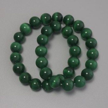 Cat's Eye Beads, Dark Green, Synthetic Stone, Smooth Bead, 12mm Diameter, On Thread, 38 cm Length
