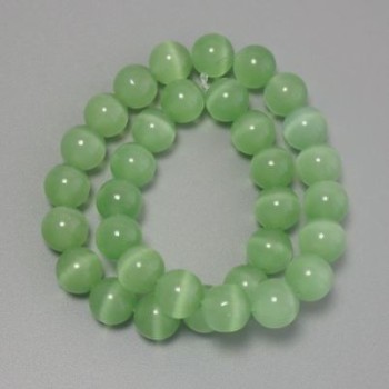 Cat's Eye Beads, Salad Green, Synthetic Stone, Smooth Round Bead, Diameter 11.5 mm, on thread, Length 36 cm