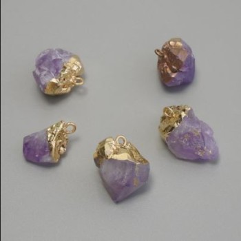 Amethyst Pendant, Uncut, Assorted Sizes 10–14×15–22 mm, Gold-Tone Metal
