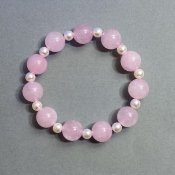 Bracelet Pink Quartz - Smooth Beads, 12mm diameter +/- and Imitation Pearls 6mm +/-, length 18cm +/- stretch