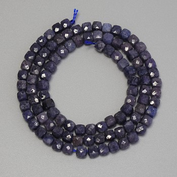 Sapphire Beads, Faceted Cube, 4 mm Diameter ± on Thread, Length 39 cm
