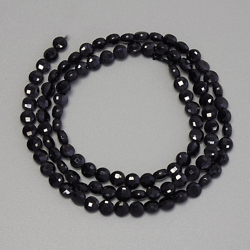 Beads of Black Tourmaline, Faceted Coin-shaped, 4 mm diameter on a thread, 39 cm length