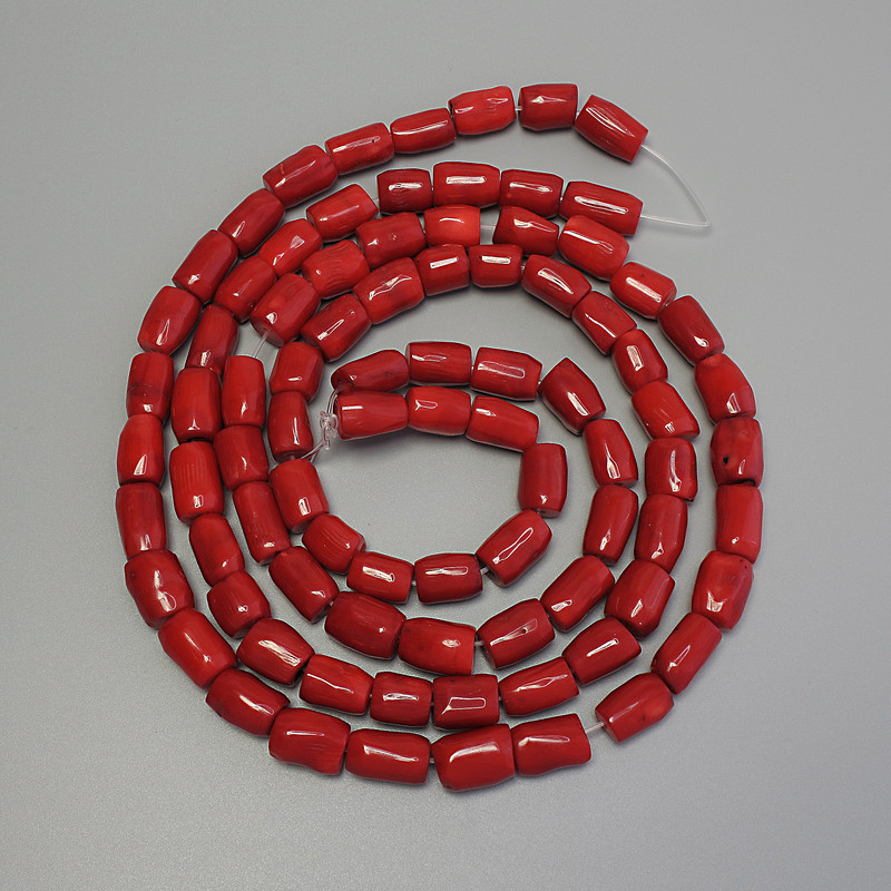 Red Coral Beads, Faceted, Diameter 12–22×8–10 mm ± on a thread, length about 120 cm