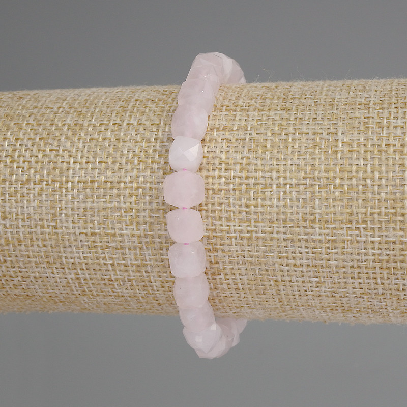 Pink Quartz Faceted Cube Bracelet, 8 mm diameter, 18 mm length, stretch