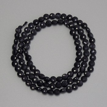 Black Tourmaline Beads, Faceted Coin, 4mm Diameter, 39cm Length, on thread