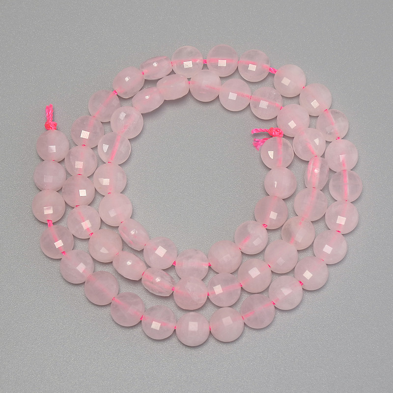 Rose Quartz Beads, Faceted Coin, 6.5 mm Diameter, 38 cm Length on Thread