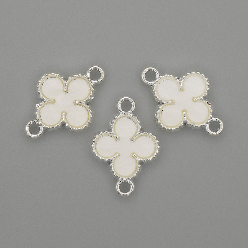 Clover Connector, white color, silver-toned metal, 20x14 mm, pack of 3