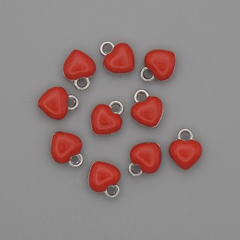 Heart Pendant with Red Enamel on Silver-Tone Metal, diameter 6×8 mm, pack of 10 pcs