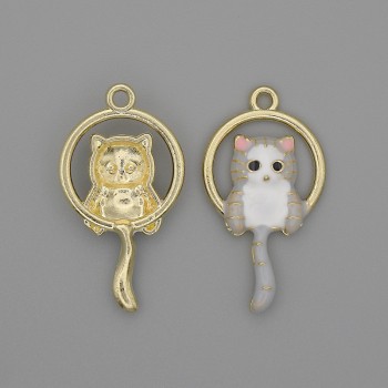 Cat Pendant with White and Gray Enamel on Gold-Tone Metal, Diameter 15x27 mm, Pack of 2