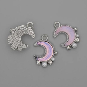 Moon pendant with pearls and rhinestones in silvery metal, diameter 15 mm, length 18 mm, pack of 3
