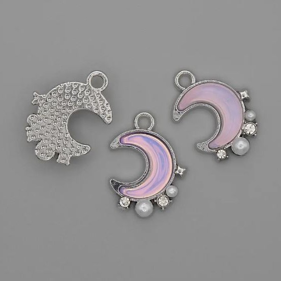 Moon pendant with pearls and rhinestones in silvery metal, diameter 15 mm, length 18 mm, pack of 3