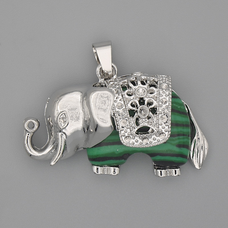 Pendant Elephant Malachite 39x34mm +/- Silvery Metal
