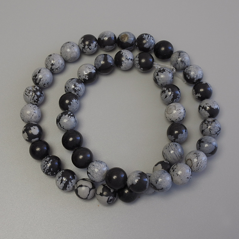 Snowflake Obsidian Beads on Beading Thread - Smooth Round Beads, 8 mm Diameter, 38 cm Length
