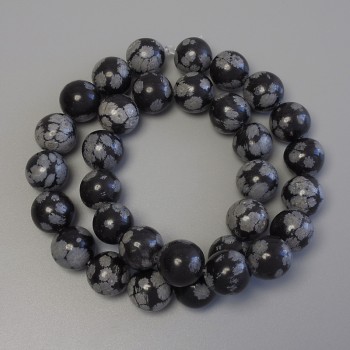 Snowflake Obsidian Beads on Thread, Smooth Round Beads, Diameter 12mm ±, Length 38cm ±