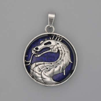 Pendant Dragon in a Circle with Azurite, diameter 28 mm ±, length 38 mm ±, silver-toned metal