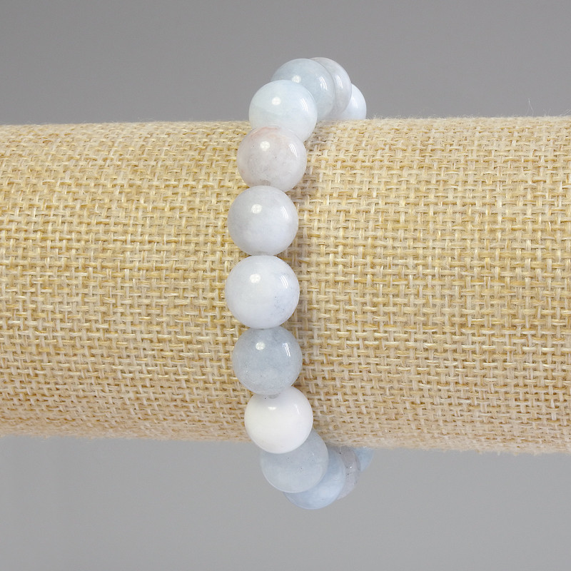 Aquamarine Bracelet with Smooth Beads, 10mm Diameter, 18mm Length, Stretch