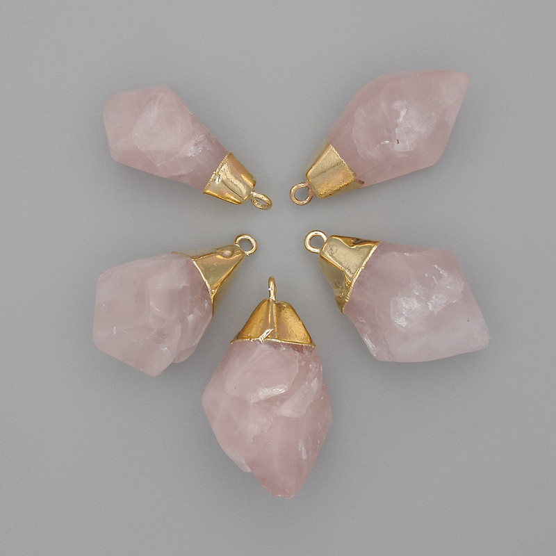 Rose quartz pendant, polished, assorted sizes 27–30×14–18 mm, +- gold-tone metal