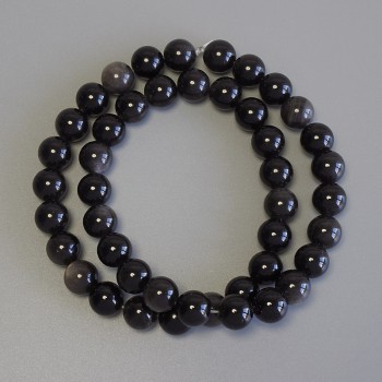 Silver Obsidian Beads - Smooth Round Bead, 9 mm diameter ±, on beading thread, length 38 cm ±