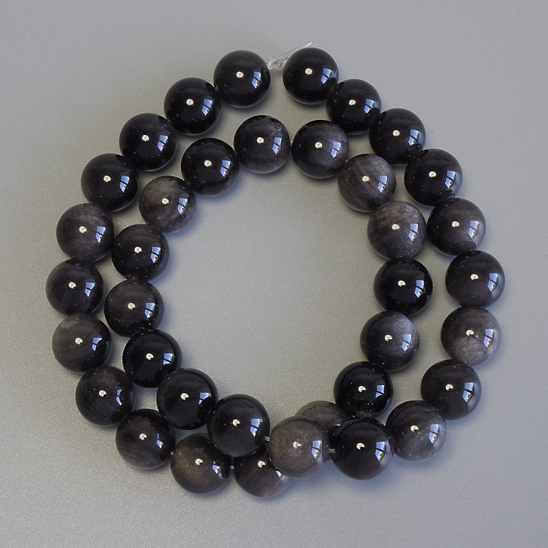 Beads of Silver Obsidian, Smooth Bead, 10.5 mm Diameter ± on a Thread, 38 cm Length