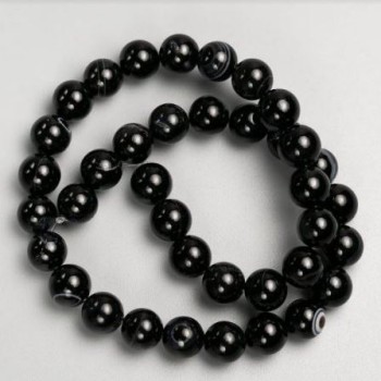 Beads on fishing line, natural stone black agate, smooth spheres, 10 mm diameter, 37 cm length ±