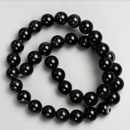 Beads on fishing line, natural stone black agate, smooth spheres, 10 mm diameter, 37 cm length ±