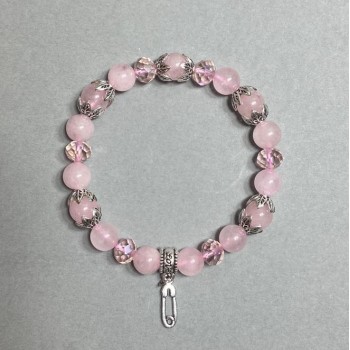 Pink quartz bead bracelet, 8 mm diameter ± Czech crystal rondelle 8x6 mm, with metal inserts, length 18 mm ± stretch