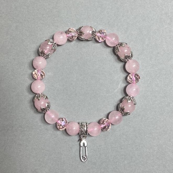 Pink quartz bead bracelet, 8 mm diameter ± Czech crystal rondelle 8x6 mm, with metal inserts, length 18 mm ± stretch