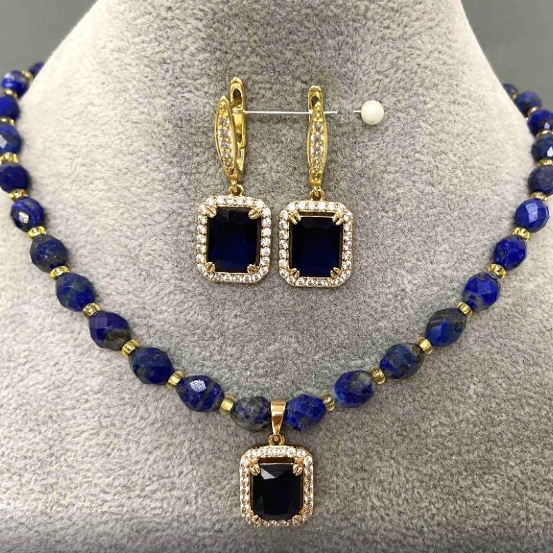 Lapis Lazuli Choker Set with faceted beads 8x6 mm, length 41 cm, with a 5 cm extender chain, earrings 35x13 mm, blue crystal