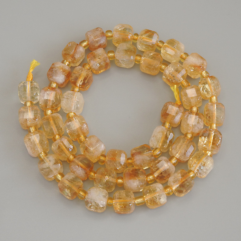 Citrine Beads, Faceted Cube Shape, Diameter 6.5×6.5 mm, Seed Beads 3 mm ±, On Thread, Length 37 cm