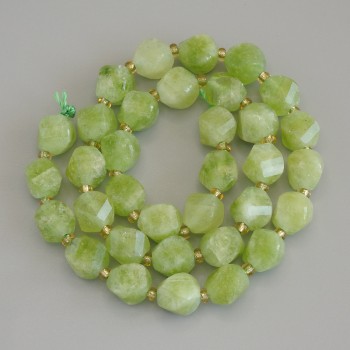 Chrysoprase Peridot Faceted Diamond-Shape Beads, 9x8 mm, +/- 3 mm seed beads on thread, length 36 cm+