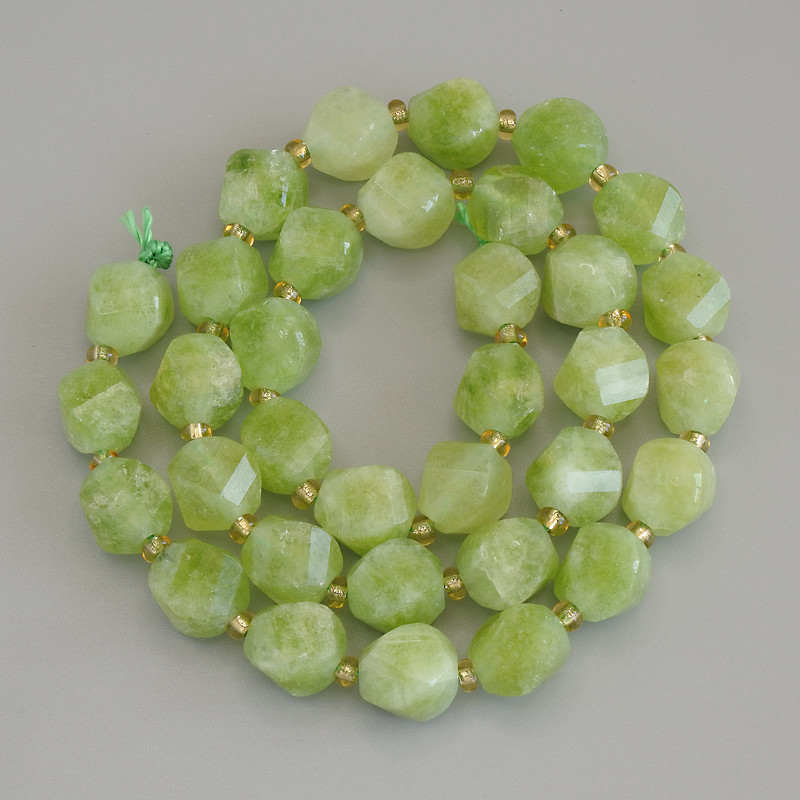 Chrysoprase Peridot Faceted Diamond-Shape Beads, 9x8 mm, +/- 3 mm seed beads on thread, length 36 cm+