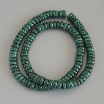 Malachite Rondelle Beads, diameter 7.5×2–4 mm, on beading thread, length 41 cm+
