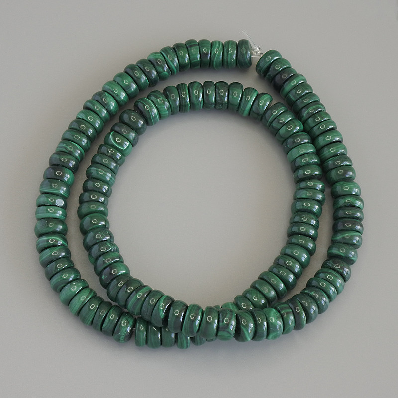 Malachite Rondelle Beads, diameter 7.5×2–4 mm, on beading thread, length 41 cm+